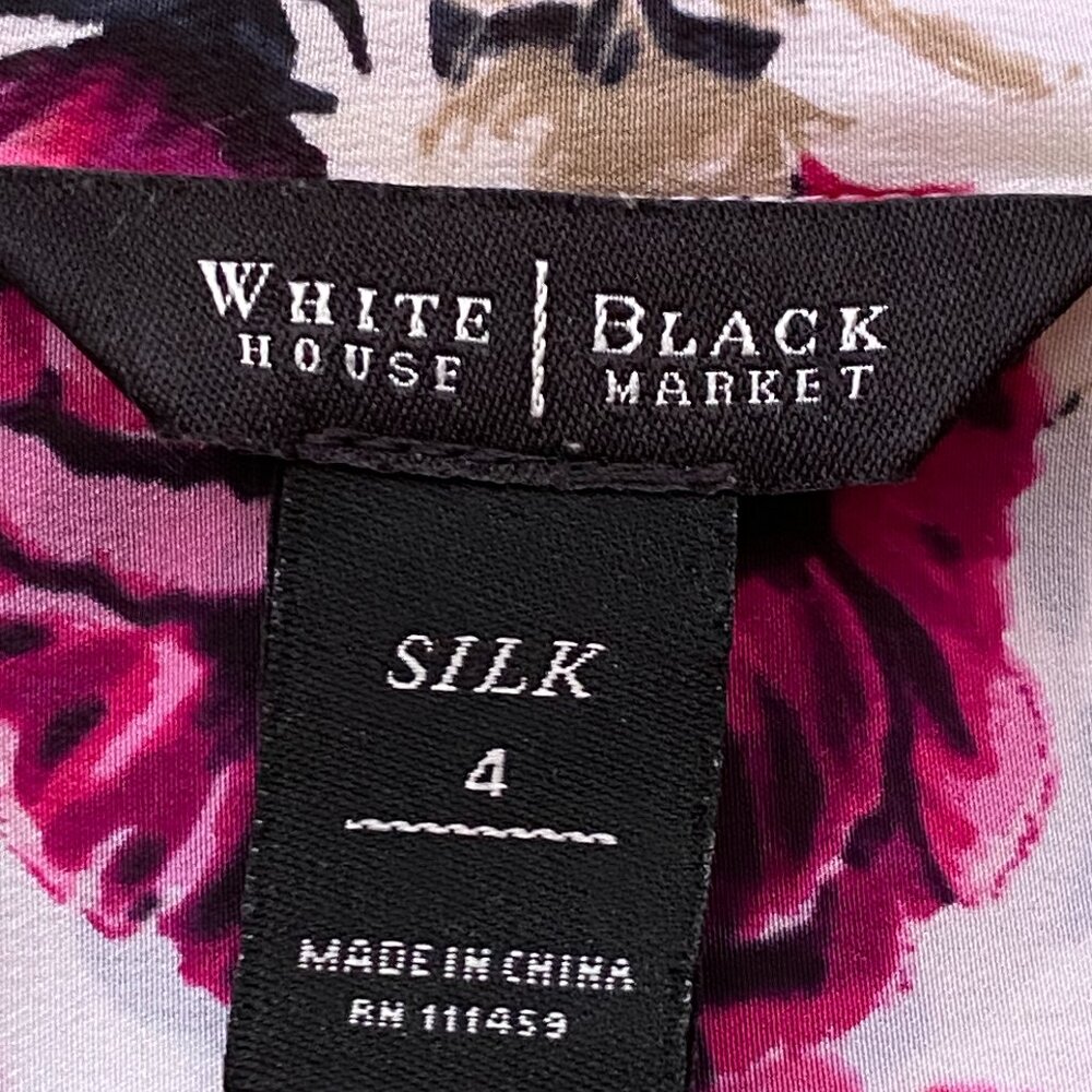 White House Black Market Sz 4 S Silk Blouse Shirt Long Sleeve White/Pink Floral - Picture 8 of 9